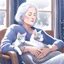 Placeholder: create a sleeping grey haired middle aged woman with chin length hair, sitting on a chair, in front of a window, holding her beloved gray and white tabby Oriental shorthair cat, also sleeping, in her arms. Serene peaceful calm. the snow falling outside