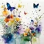 Placeholder: watercolor and alcohol ink, botanical, small flowers at bottom left, scattered butterflies and ink drops, white background, minimal