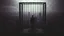 Placeholder: inner stands a human figure alone in an cube like cage with dense bars , in outside around in the distance big landscape with big city and many fade human figures in the city, dark purple, gray, black, white, brown. Whimsical style and surreal vibe, lonely with neuron network background, surreal stunning vibe
