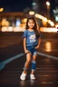 Placeholder: Little 6 years old beautiful girl perfect face,1girl wearing a pretty shirt and jean pant, standing pose,modern city ,night view