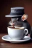 Placeholder: little rat in a small hat drinks coffee from a small cup