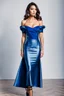 Placeholder: fullbody shot of young-beautiful-ozbek-with-a-perfect-face-with-make-up-wearing-blue-off-shoulder-top and midi plated skirt