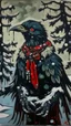 Placeholder: A painting by Miyazaki and Matisse of a human-like crow adorned in a punk leather jacket within a snowy Christmas atmosphere.