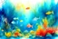 Placeholder: make a beautiful coral reef underwater painting with a lot of fish, in the background will be shadows of the big fishes and shadof of the whale, watercolour painting
