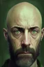 Placeholder: Portrait of a bald man, unkempt beard, dark circles, green eyes, distracted and nervous look
