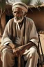 Placeholder: Old man, Arab, turban, white clothes, cattle, desert, council, sun, palm trees, mud houses, holding a stick, looking forward, a very slight smile.,Sitting on a chair,long beard