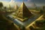 Placeholder: atlantis Egyptian pyramid of giza in the center of a lush maze garden surrounded by a band of water that flows in The four rivers of Eden, in the garden of eden, this garden is a magical oasis surrounded by a vast and golden desert, Hyper Detailed Face, Photorealistic, Intricately Detailed, Oil Painting, Heavy Strokes, By Jean Baptiste Monge, By Karol Bak, By Carne Griffiths, Masterpiece, Unreal Engine 3D; Symbolism, Colourful, Polished, Complex; UH