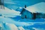 Placeholder: A cyan snowfield with a frozen cabin painted by Lyonel Charles Feininger