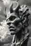 Placeholder: surrealis monochrome A fragmented, surreal sculpture liguid color of photorealistic image 3d,psychedelic art glossy emerging from devilish a crumbling face of a hero, The face appear and intricate details, evoking a haunting expression. set against a backdrop of stormy, cloud-filled skies. bauhaus art The overall tone is dark and moody, suggesting themes of decay and transformation.