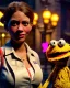 Placeholder: waitress woman with Sesame Street muppet mask-head, concept art, retro style, smooth, unreal engine 5, god lights, ray tracing, RTX, lumen lighting, ultra detail, volumetric lighting, 3d.