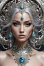 Placeholder: photography realistic portrait of young woman, beautiful, shiny hard eyes, make up, Fantasy style, shiny baubles, ornate, large gemstones, shiny molten metalics, shiny wire filigree, silver hair, high definition, high res, octane render