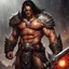 Placeholder: [warhammer] His muscular form is defined by years of battle, and his chiseled features bear the scars of countless encounters. In his hands, Conan wields a warhammer, its weight seemingly insignificant within his mighty grasp. The weapon gleams in the sunlight, a testament to the countless foes it has crushed under its devastating blows. With every sinewy muscle flexed, Conan exudes an aura of raw power and indomitable strength.