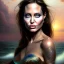 Placeholder: A beautiful portrait of Angelina Jolie as a mermaid , leaning on a ships deck ,Rough sea in the background, (digitall art by Eugene de Blaas and Ross Tran, vibrant color scheme, highly detailed, in the style of romanticism, cinematic, artstation best quality, realistic lighting, masterpiece portrait, details light dusting , cowboy shot from above, simple chain hauberk Vector art digital illustration 3D shading )