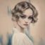 Placeholder: Lily-rose Depp, in the style of Margaret Keane, big blue eyes, vintage painting