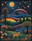 Placeholder: Colourful, peaceful, Henri Rousseau, night sky filled with galaxies and stars, animals, trees, flowers, one-line drawing, sharp focus, 8k, 3d, intricate, ornate