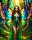 Placeholder: Gorgeous Photography Realistic Natural Beautiful butterfly woman straddle wings with shiny brown flowing hair, glitter colorful butterfly wings, lovely glowing green eyes, surrounded by magical colorful forest and flickering lights, digital photography, kaleidoscope, vibrant colors, vivid colors, colorful,she wak in magic forest full sparkling light