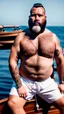 Placeholder: photography of a burly marocan fisherman sunbathing on a fisher wooden boat, in little french pants, tattoo, manly chest, ugly, 44 years old, bullneck, white long beard, dreadlocks, muscular chubby, screaming, angry eyes, photorealistic, Canon EOS, 8k