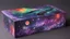 Placeholder: a box 10 cm long by 5 cm wide and 25 cm high, drawn on a box on all sides, space, tress, planets, crow galaxies a lot of colours purple, green and red, realistic