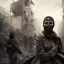 Placeholder: women, faces covered in black masks, ragged clothes, holding flag, war-torn, destroyed city in the background, 8k resolution, hyperrealistic, detailed matte painting, b&w, dynamic lighting, war, anarchy, terrorists