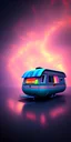 Placeholder: An old caravan at the bottom of an streaming river, lots of clouds within neon lights, thunder