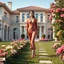 Placeholder: a fahion model beautiful lady with todays clothing modern high heels and makeup is walking in yard of a luxury villa next to flowers. High-quality CGI, octane render, 8k resolution, whimsical, adorable, clean composition. long shot ,4:3