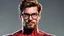 Placeholder: spider-man, half human, half mask, with glasses, small beard
