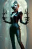 Placeholder: Constance Langdon as evil queen in black leather, leather, busty, cleavage, angry, stern look. character design by cory loftis, fenghua zhong, ryohei hase, ismail inceoglu and ruan jia. unreal engine 5, artistic lighting, highly detailed, photorealistic, fantasy