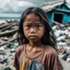 Placeholder: young filipina girl frowning close to camera standing on broken seashore behind there are fragments of house