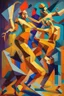 Placeholder: people, dancing, cubist painting, oil in canvas, splash, rust, geometric shapes, colorful