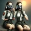 Placeholder: cute girls sitting at the computer in military gas masks. the masks are checkered.