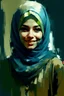 Placeholder: A painting of a smiling beautiful Urdu moslem woman with long dark blue and light green hijab, 22 years old, beautiful big , symmetrical eyes, blond hair, painterly style, detailed, 8k, by Ashley Wood. –ar 2:3 –stop 80 –uplight