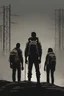 Placeholder: four persons, standing, silhouette, comic book,post-apocalypse, gray background, backpack,