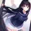 Placeholder: Clear focus, High resolution, Long fluffy black hair, Purple eyes, Wearing a sailor uniform, must be wearing a short skirt, 2 puffy big tails hanging behind her back