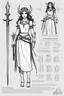 Placeholder: character concept sheet with AD&D statistics and characteristics, [illustration simple ligne claire black and white brush] playable character: Kalypso the pagan nymph, daughter of Khali. Linen dress, weapons: Amok dagger or staff, powers: empathy with darkness creatures, influence of evil