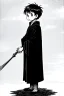 Placeholder: pallid 7 year old boy genie, necromancer, friendly,wearing black robes, with the lower body of a genie instead of legs, in the style of Harry Clarke