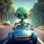 Placeholder: a cartoon alien driving a car down a road, a character portrait by Mike Winkelmann, featured on cgsociety, pop surrealism, rendered in cinema4d, daz3d, behance hd