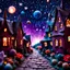 Placeholder: Detailed people, creepy street made of modeling clay, village, stars, galaxy and planets, sun, volumetric light flowers, naïve, Tim Burton, strong texture, extreme detail, Max Ernst, decal, rich moody colors, sparkles, Harry Potter, bokeh, odd