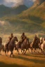 Placeholder: detailed oil painting, renaissance style, of mounted knights galloping across an open field, swords in hand, mountains in distance