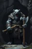 Placeholder: Giant dark grey cave bear barbarian with a rune covered great axe