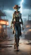 Placeholder: magazine cover illustration, fallout 4 docks setting, horror weird cowboy newt alien walking on stilts in female garments, getting hit by lightening electric arc, with big disturbed eyes,bokeh like f/0.8, tilt-shift lens 8k, high detail, smooth render, down-light, unreal engine, prize winning