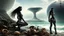 Placeholder: woman with dark hair in a silver robotic catsuit, standing on a futuristic alien beach with a crashed spaceship in the water, with mushrooms with octopus tentacles flying in the air