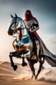 Placeholder: Arab cyborg warrior Full Body Full Armored helmet,Wearing Face Mask Iron Masculine Mysterious Powerful Fantasy High Quality clothes,driving on horse,islamic city background