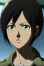 Placeholder: Attack on Titan screencap of a female with short, black hair and big greenish brown eyes.