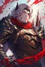 Placeholder: Armored Male Blood Knight Elf by manhwa or korean webtoon style there are lightning and blood spurts around the man, his face pointed at the camera, and with a serious look he lets his opponent know that it's his turn