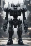 Placeholder: Man standing infront of Black mech front view, hitech Futuristic 3d render, vray, uhd, detailed, hdr, 8k, photorealistic, dramatic lighting, hawken graphic design abstract 3d hitech technological HAWKEN photorealistic uhd 8k VRAY highly detailed HDR