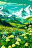 Placeholder: Espacio verde con flores y montañas con nieve al estilo van gogh