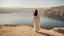 Placeholder: [the time of Jesus] close to the old town of Nazareth, a view on the Lake of Genesareth. a young woman in linen dress, she has her wooden rod she looks at the people down around the shore