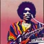 Placeholder: a realistic portrait of Jimi Hendrix at a turntable with headphones on being a DJ, vivid color, with sunglasses