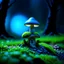 Placeholder: "Close up of a wonderful tiny Mushroom Tower home. blue and green with bright white, deep black and contrasting tones of gray. Illuminated bioluminescent forest. Professional painter, master at composition. small but detailed. broken, blurred background, voluminous lighting"