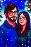 Placeholder: Christmas scene, dark haired couple, man with short black beard and glasses, woman with long hair, blue eyes, young couple, graphic
